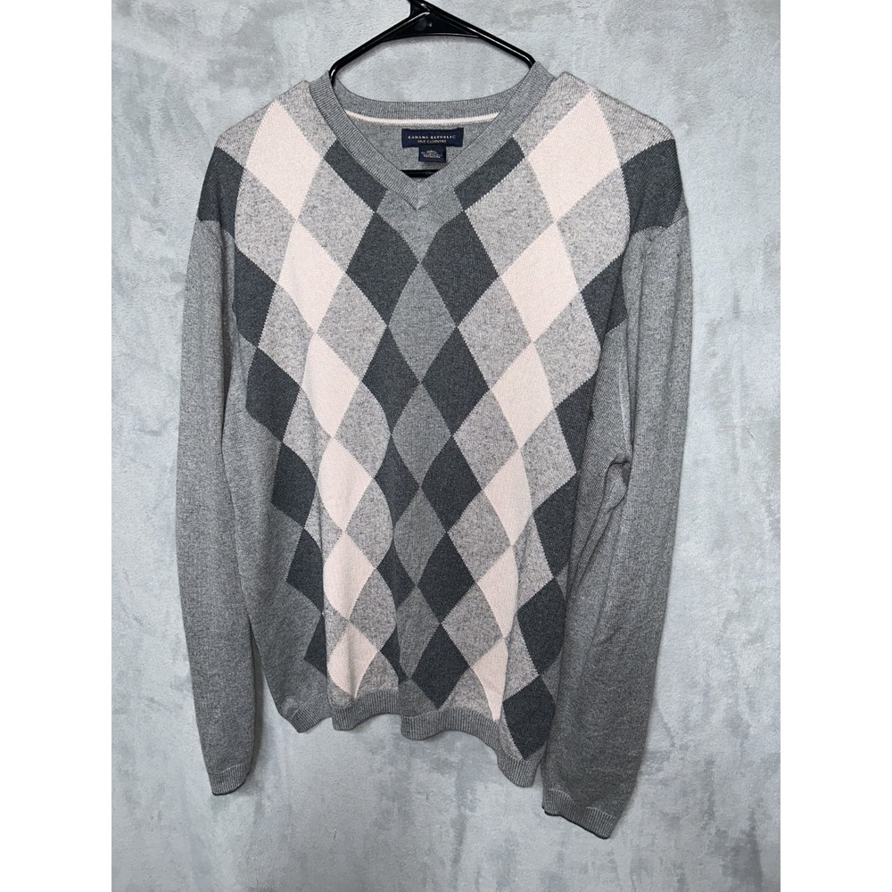 Banana Republic Silk Cotton Cashmere Sweater Mens Large Pink Argyle Preppy